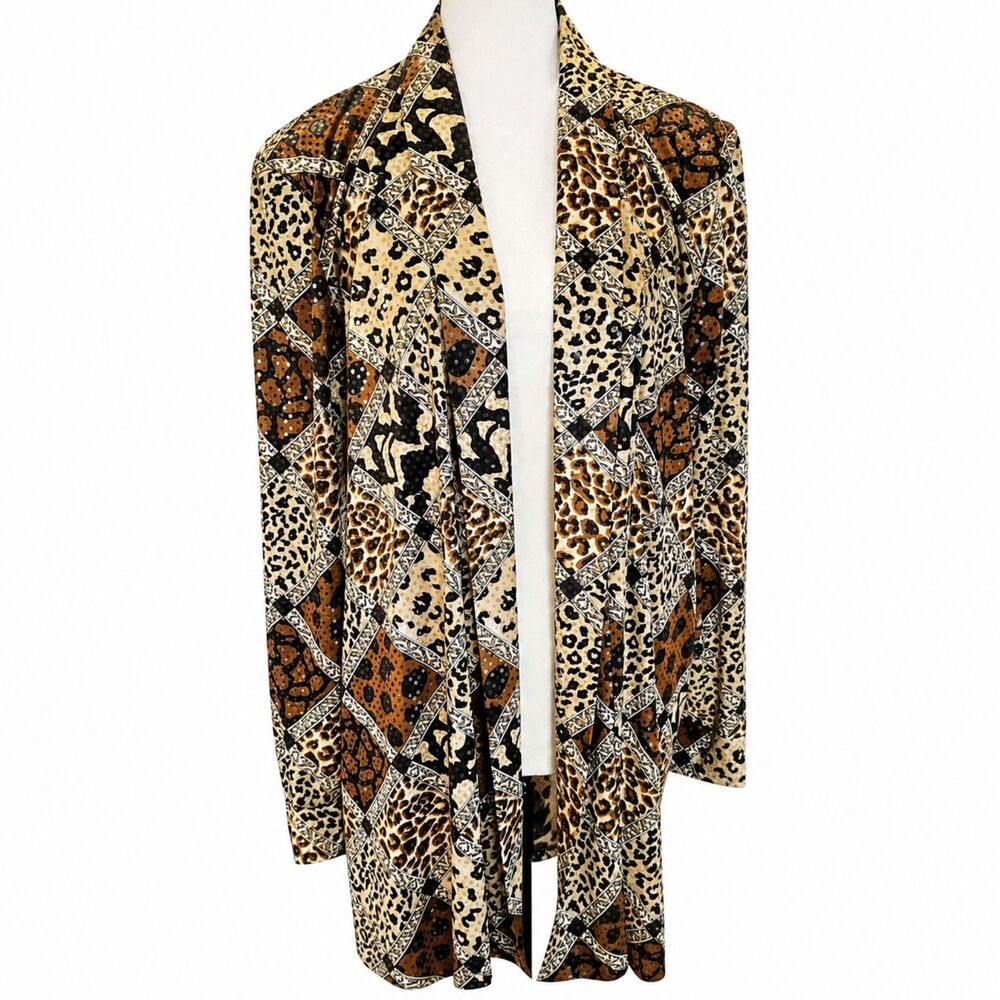 Vintage 1980s Jackets Galore Sequin Leopard Animal Print Duster Jacket Kimono XL